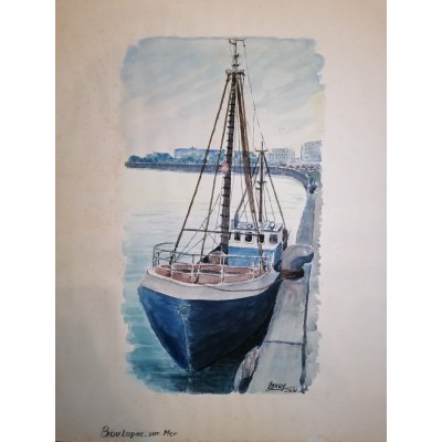 Aquarelle par jean Leroy le Port de B oulogne sur Mer