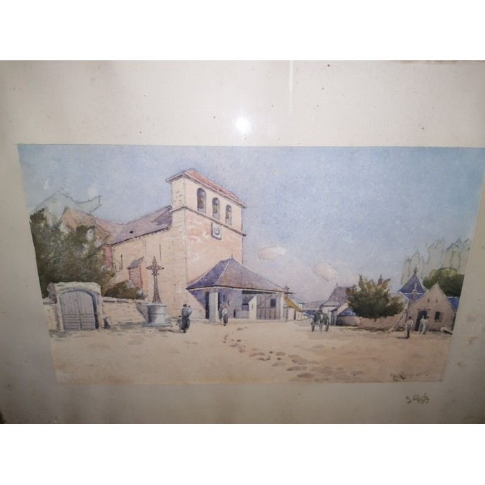 Aquarelle par Henri Linguet paysage place de Village et son église peintre côté XIXème Siècle Ecole de Barbizon
