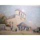 Aquarelle par Henri Linguet paysage place de Village et son église peintre côté XIXème Siècle Ecole de Barbizon