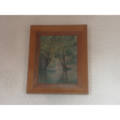 Huile sur carton Paysage lacustre Impression matinale "le Moulin-Bâteau" à Bonneuil sur Marne par pierre antoine Cluzeau
