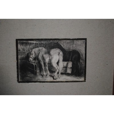 Eau forte de chevaux dans leur étable signée par Raymond Lecourt (1882-1946) à l'arrière 1913