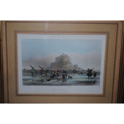 Gravure aquarellée Mont St Michel La grève à marée basse par isidore laurent Deroy Ecole Française du XIXème Siècle