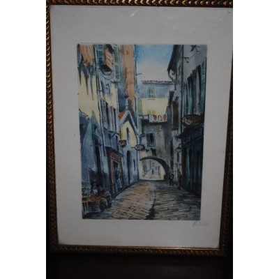 Eau forte aquatinte en couleurs  Ruelle du Vieux Paris Signée Baron marcel Julien (1872-1956)