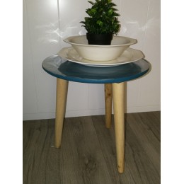 Table basse bleu tripode piétement en bois naturel