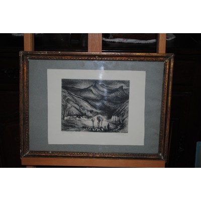 Lithographie par Roger Marage Epreuve d'Artiste 1951 Signée Paysage de Montagne