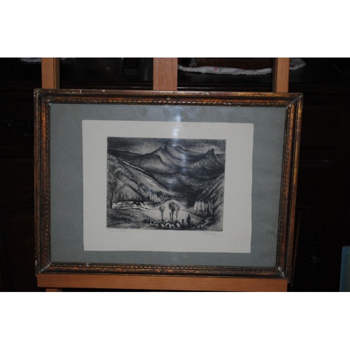 Lithographie par Roger Marage Epreuve d'Artiste 1951 Signée Paysage de Montagne