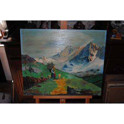 Huile sur isorel Paysage de Montagne signée Monogrammée J. G.