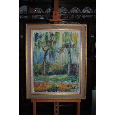 Huile sur toile Paysage Arbres signée monogrammée en BAS à DROITE HV, soit Henri Victor soit Henri Van Wynsberghe (1929-2018)