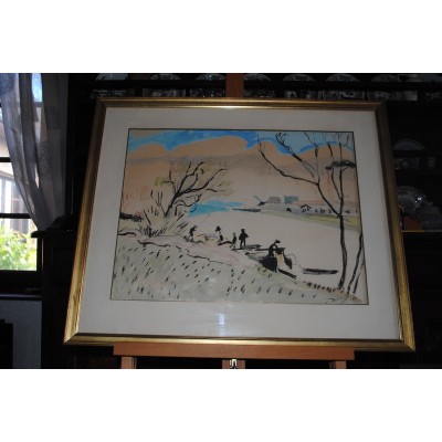 Lithographie par andré Derain (1880-1954) Paysage longeant 1 bord de Rivière Encadrée