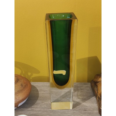 Vase soliflore sommerso Murano de forme tronconique Vert et jaune