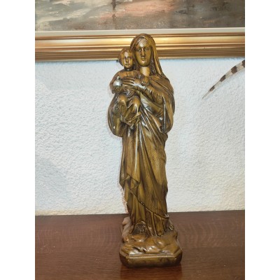 Très belle et GRANDE sculpture de la Vierge à l'enfant à patine dorée