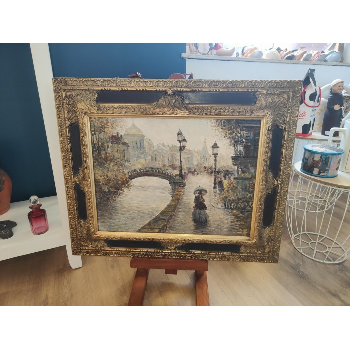 Magnifique et romanesque tableau Vue d'1 femme se promenant sur les quais de Paris Huile sur toile signée