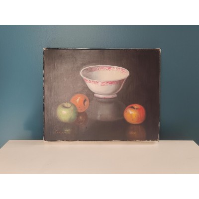 Magnifique Huile sur toile nature morte Bol et pommes signée Calvau
