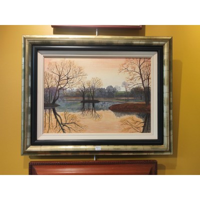HUILE sur toile par jeanine Gardinal Titrée A l'Aube Paysage à l'étang en bordure de Village