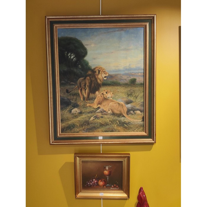 Huile sur toile lions dans la savane signée