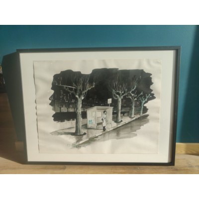 Lavis encre de chine Le dernier Trolley à Tarare dans le Rhône par michel Farine peintre rare