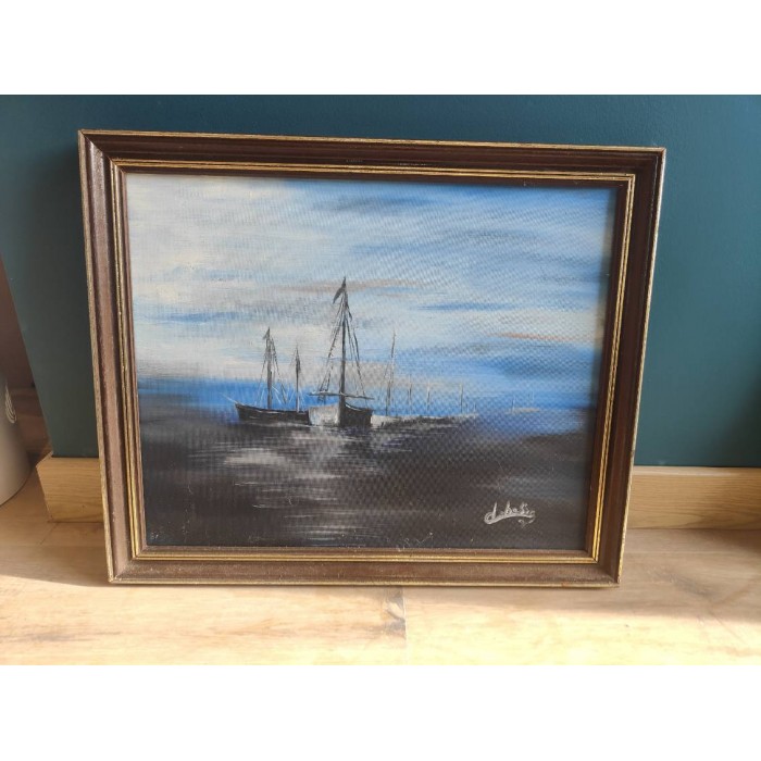 Marine Huile sur carton entoilé  Voiliers à l'arrêt tableau signé debesso?