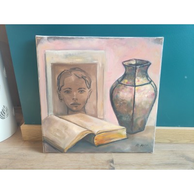 Huile sur toile Nature morte aux reflets rosés par Marielle Kaiser (1961) Vaucluse