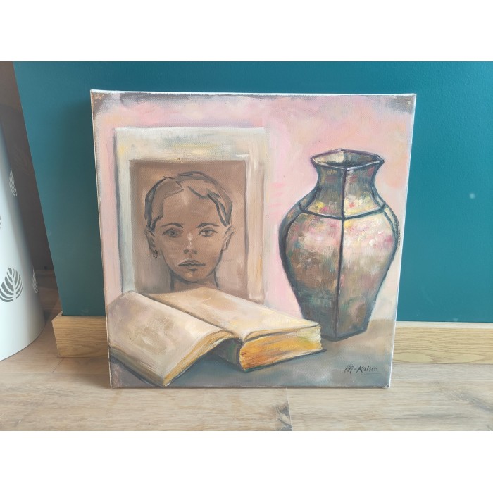 Huile sur toile Nature morte aux reflets rosés par Marielle Kaiser (1961) Vaucluse