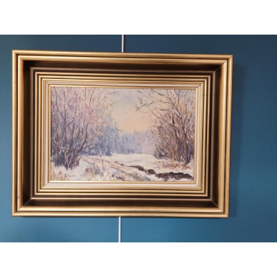 HUILE sur panneau Titrée "Neige à Isneauville" en Normandie par denise Hucher 75 Ecole Française du XXème Siècle