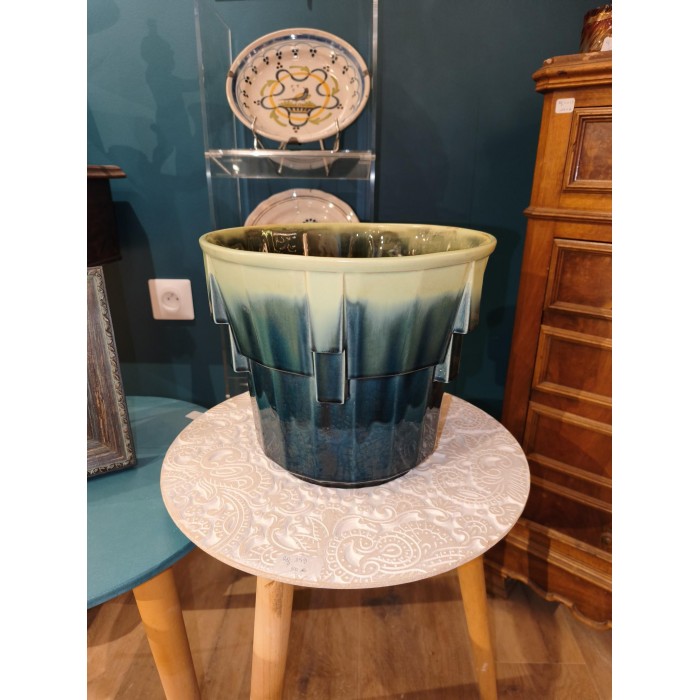 Ancien Cache pot en céramique Lille fives par gustave de Bruyne flammé de Verts