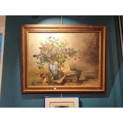 Huile surtoile nature morte ancienne signée